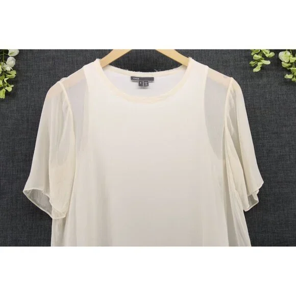 Vince Women's 100% Silk Short Sleeve Crewneck Overlay Blouse Beige Sz S - Picture 3 of 9